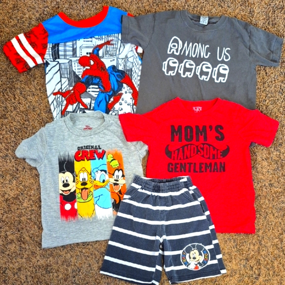Lot of 5 Kids Mickey Mouse/Spiderman/Among Us Graphic T-Shirts and Shorts Set
